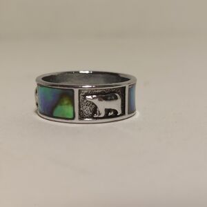 Silver Tone Abalone Bear Ring Size 8.5 Native American Alaska Wide Band